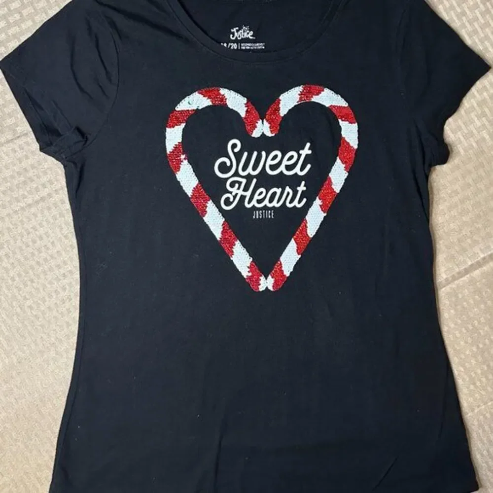 Justice Black Candy Cane Sequined Sweet Heart T Shirt Size 18/20